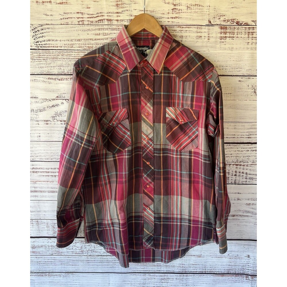 Vintage Wrangler Cowboy Cut 16x33 Pearl Snap Plaid Western Made In USA